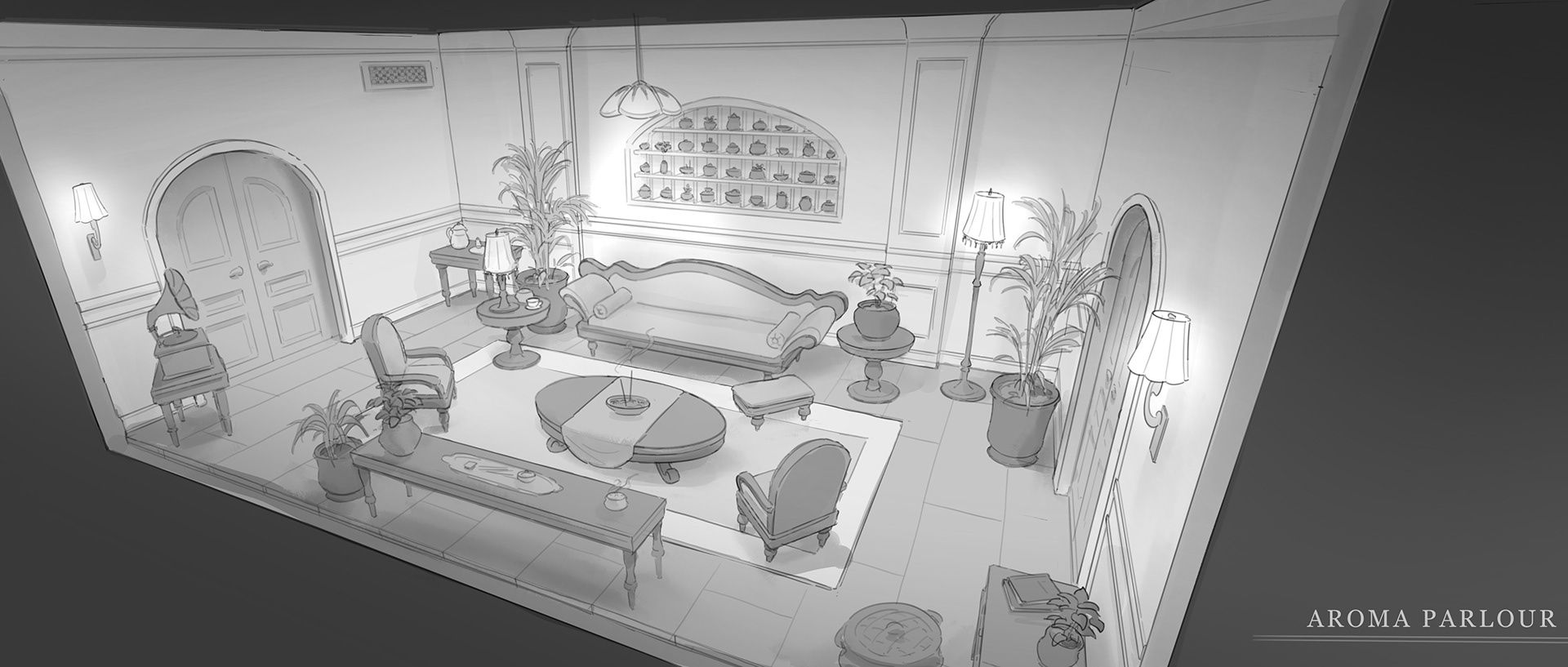 Concept sketch of the Aroma Parlour interior