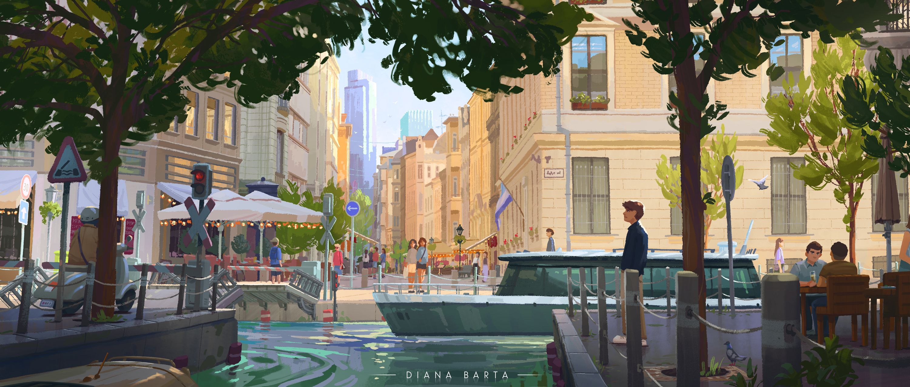 Concept art of a bustling modern city street, with a view of a canal between buildings