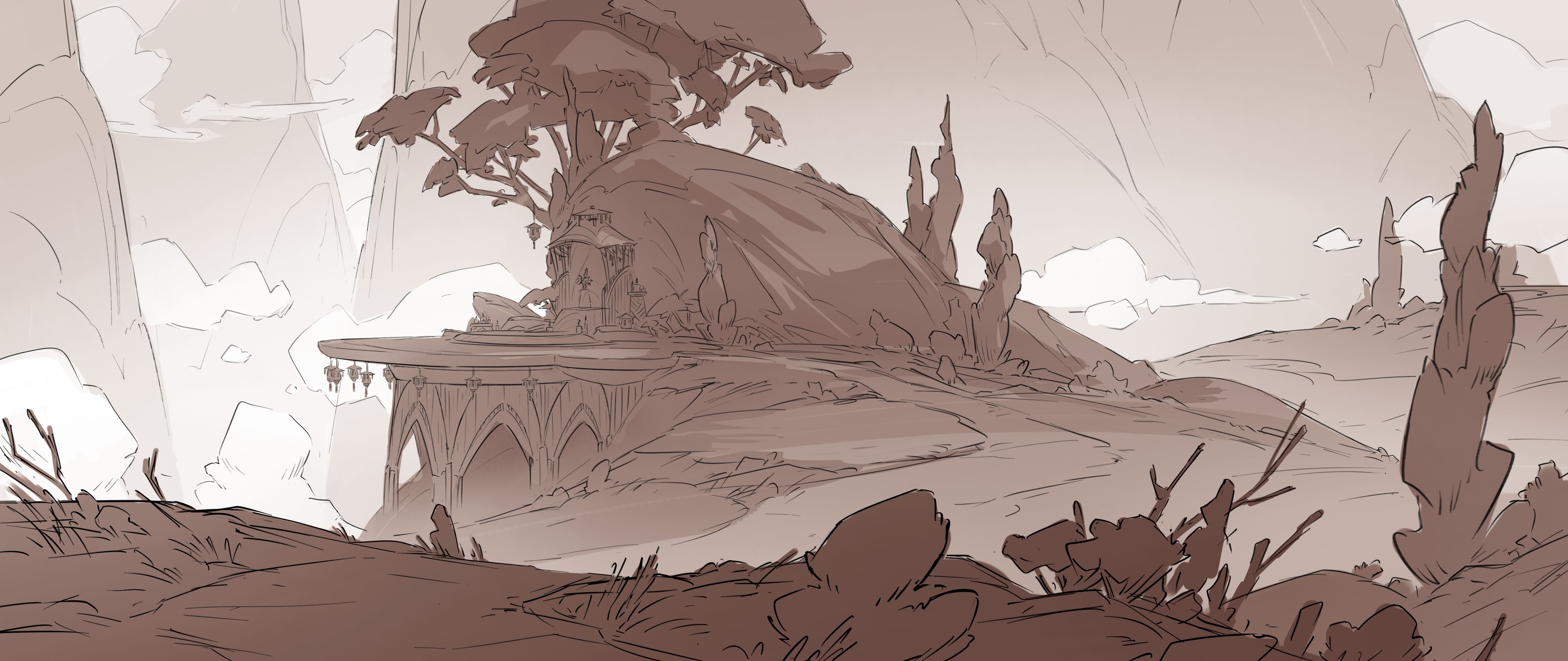 Concept sketch of a mountainous terrain filled with clouds, at the center are lanterns scattered across a shrine