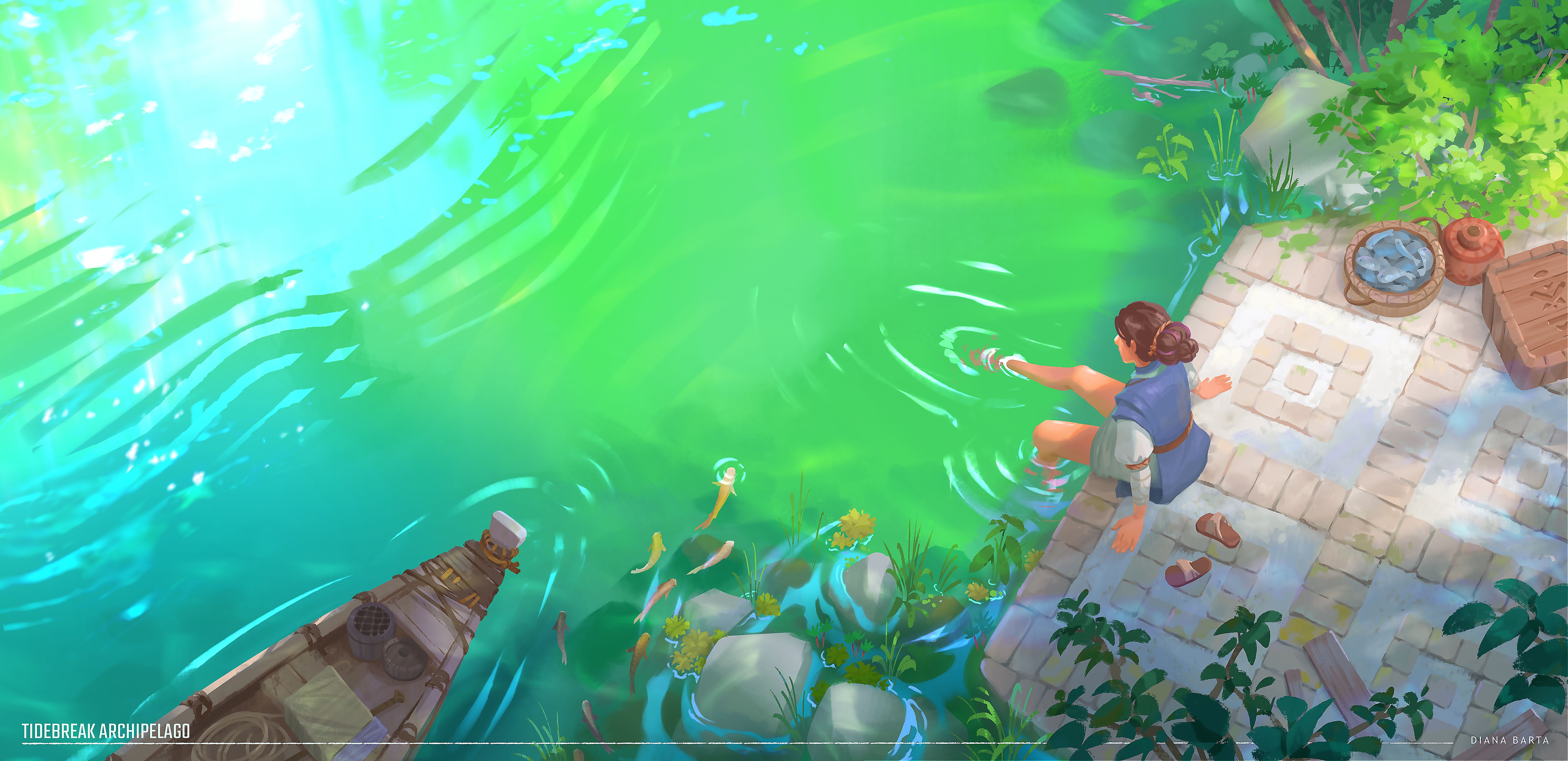 Concept art of a stone dock next to turquoise waters with a young woman resting at the edge