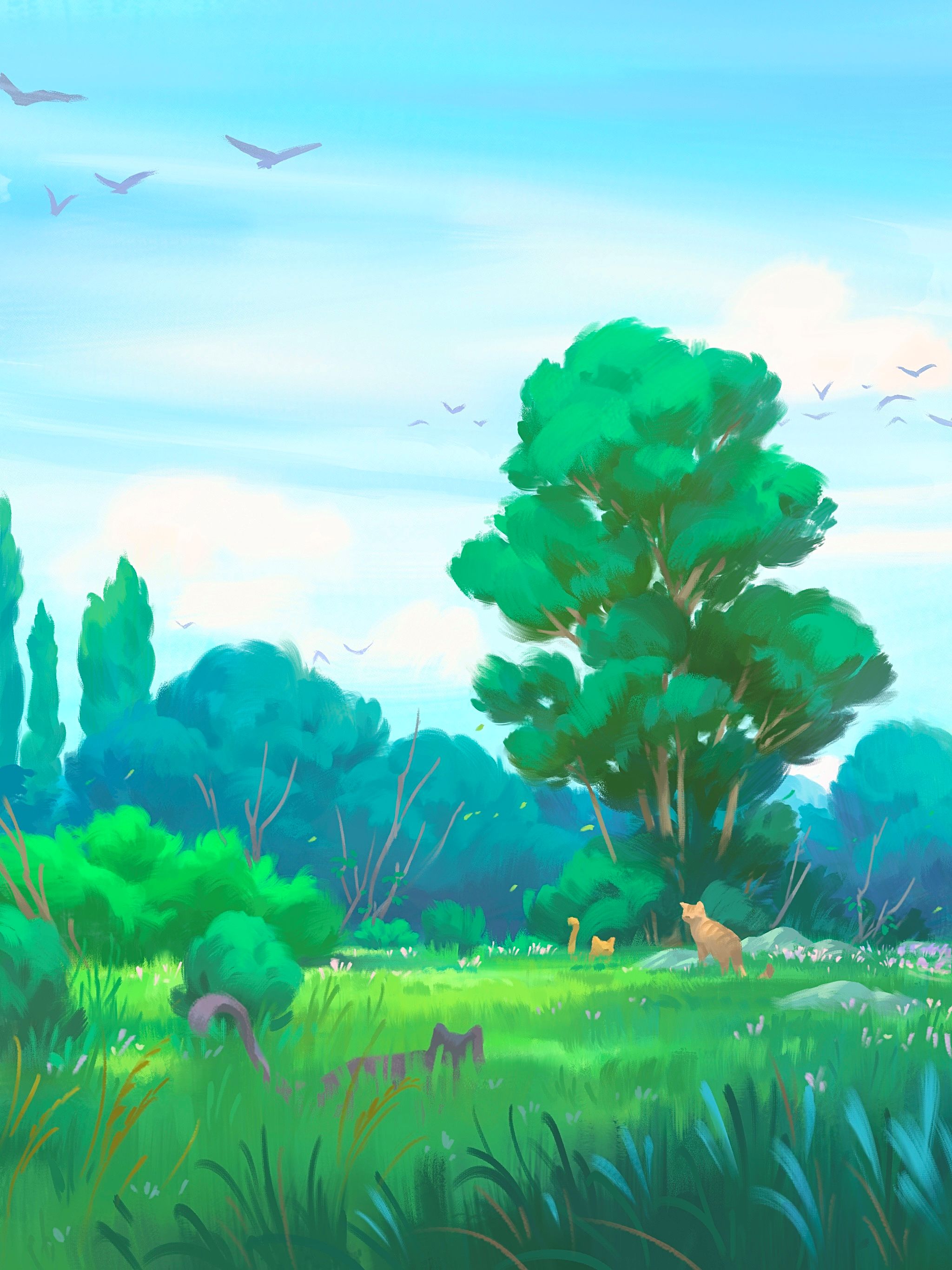 Illustration of three cats in a field surrounded by trees