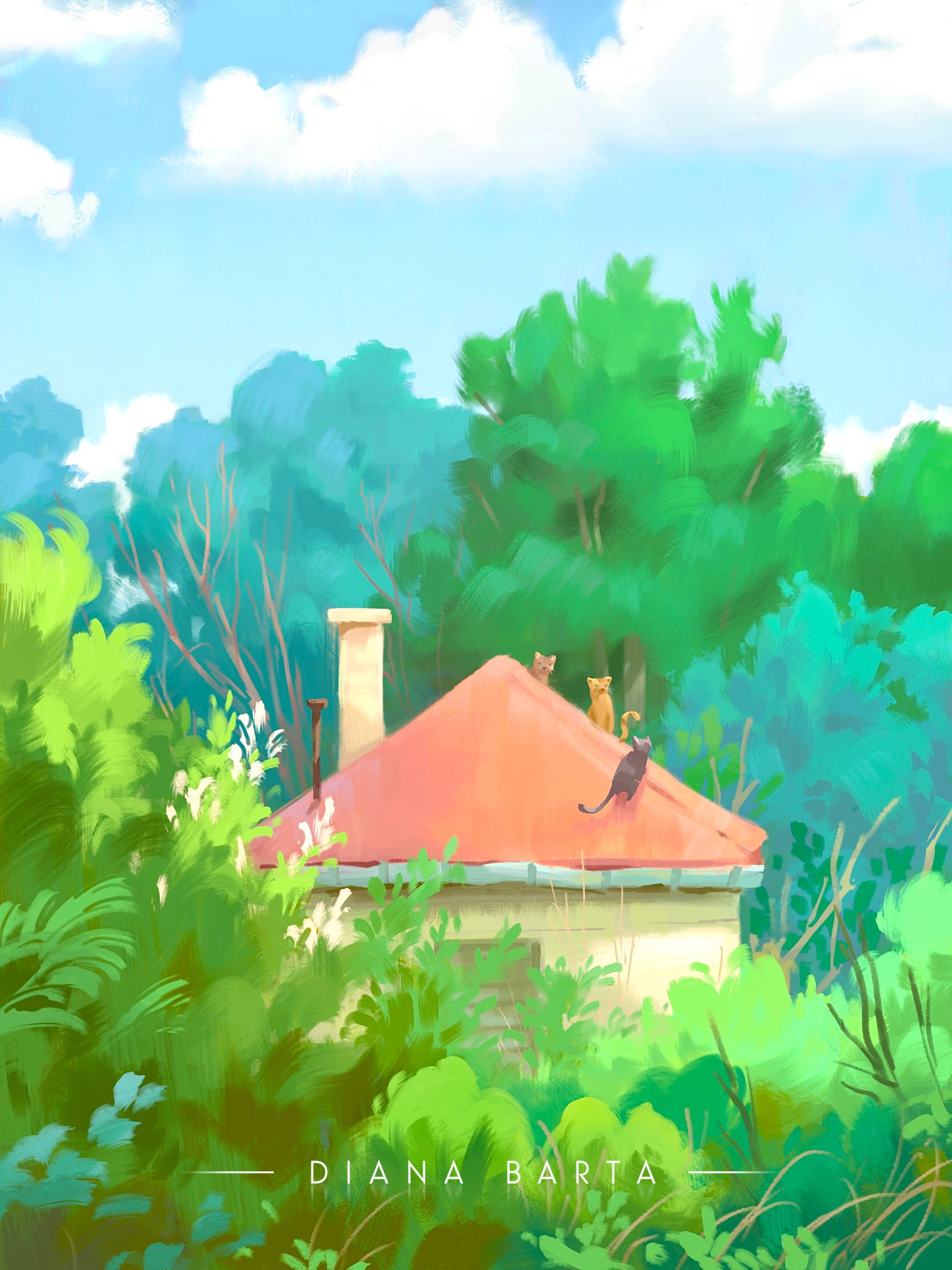 Illustration of three cats on a small house roof surrounded by lush foliage
