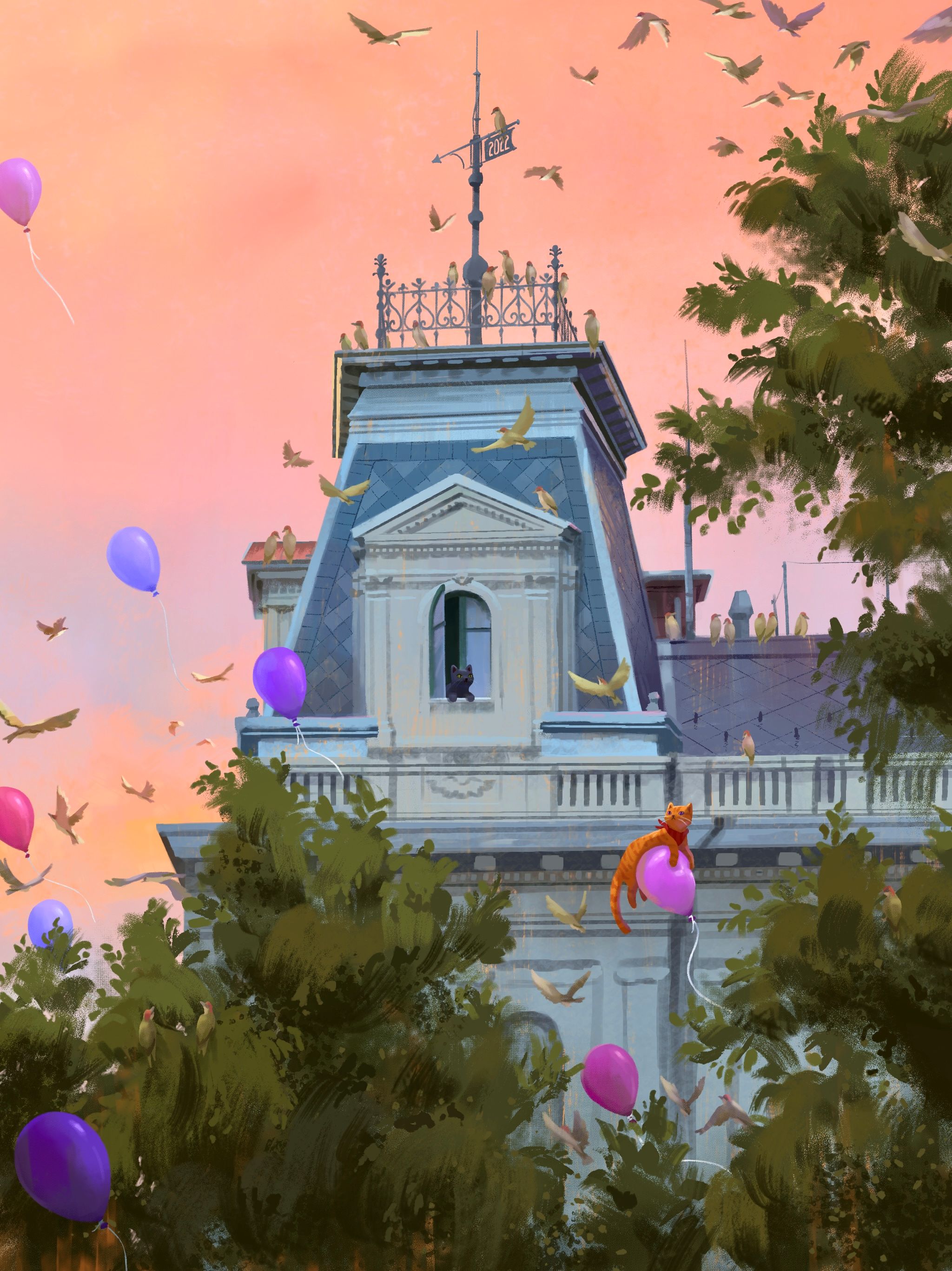 Illustration of a building with a pink sunset behind it with balloons and woodpeckers spread across the sky