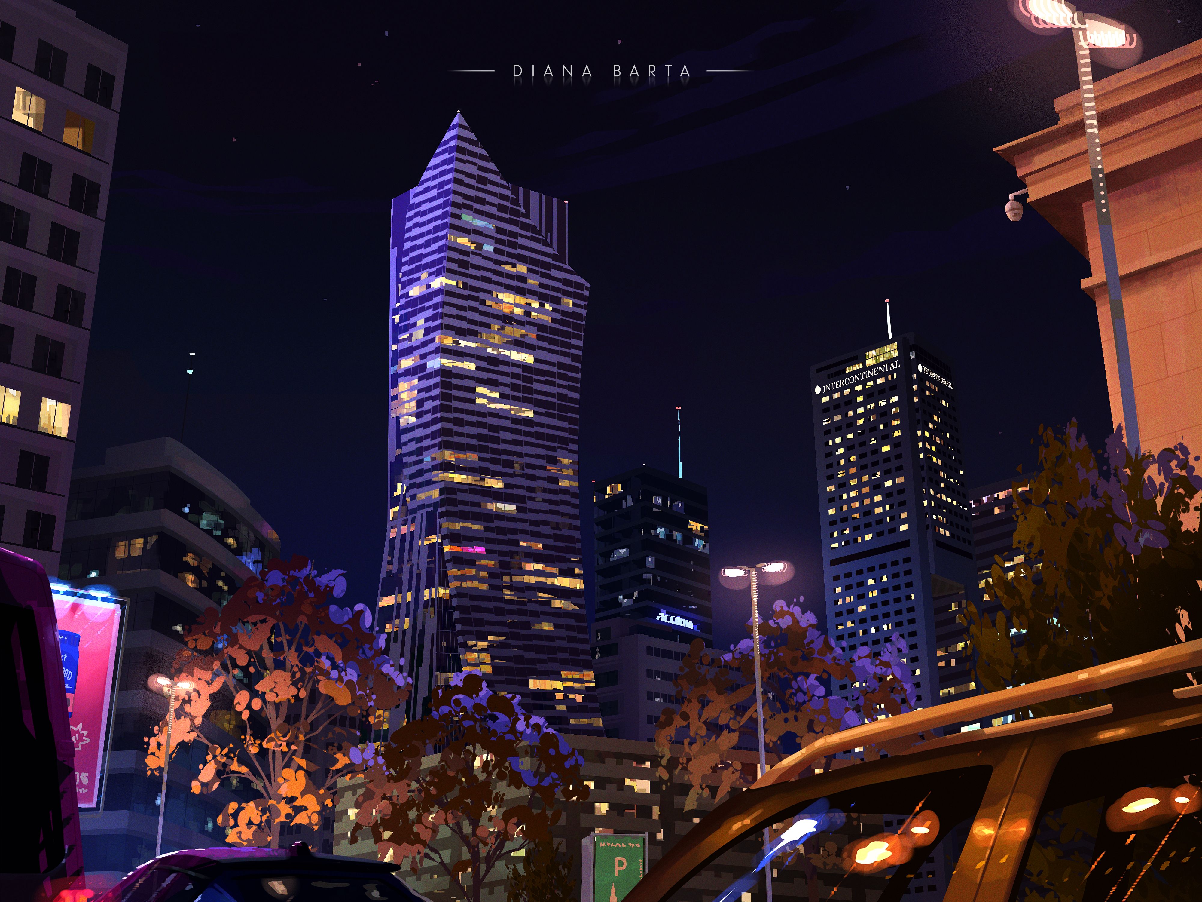 Illustration of Warsaw skyscrapers at night