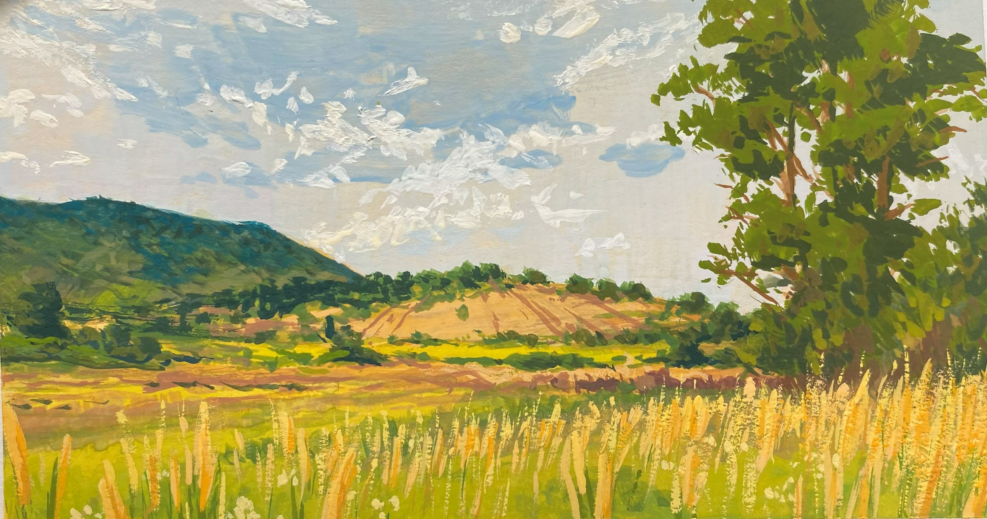 Gouache plein air painting of golden wheat fields under a cloudy sky